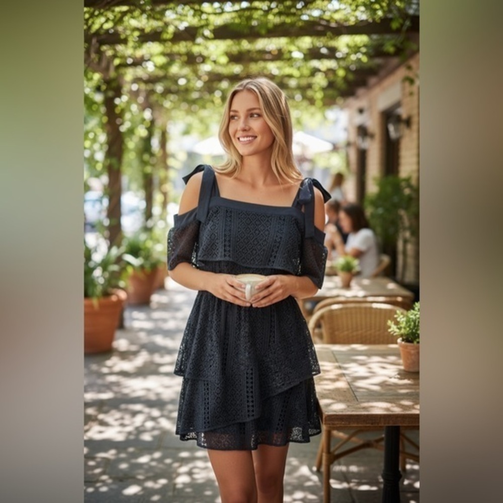 Chelsea28 Women’s Size XS Navy Lace Mini Dress Off the Shoulder Elegant Dress